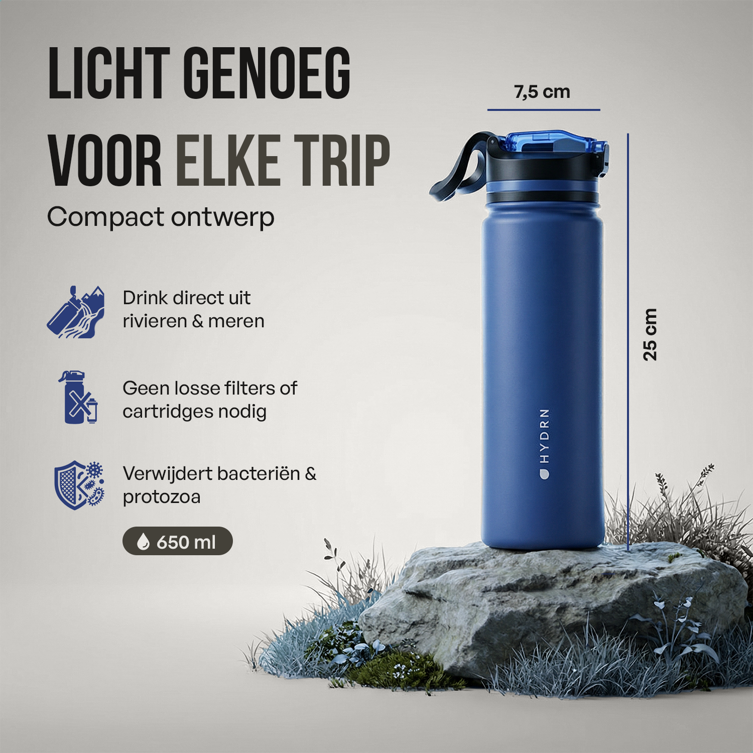 HYDRN Pro waterfles met filter | afmetingen van 650 ml